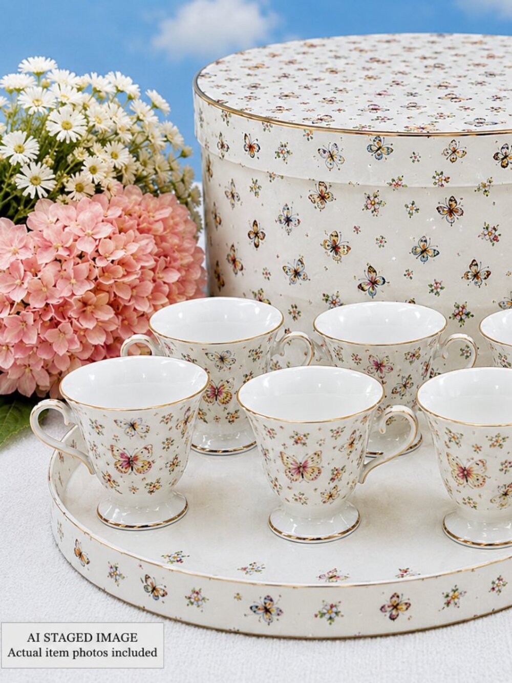 Porcelain Demitasse Teacups Saucers Butterflies (6) ITALIAN DESIGN CERAMICS vtg